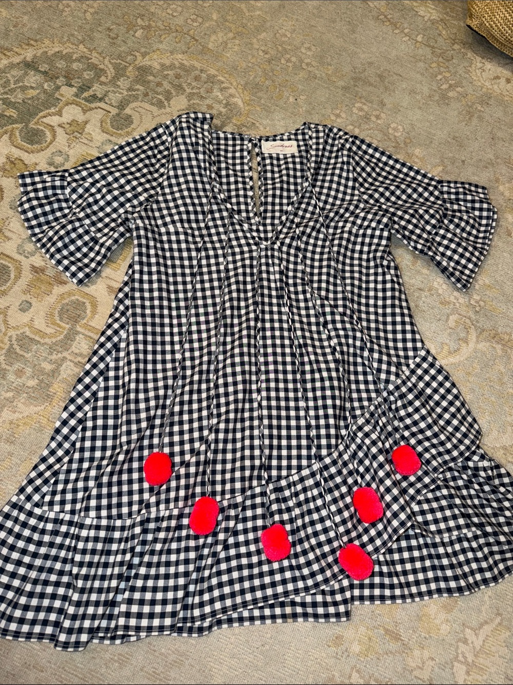 Sundress Navy and White Gingham Dress with hot pink pompom accents